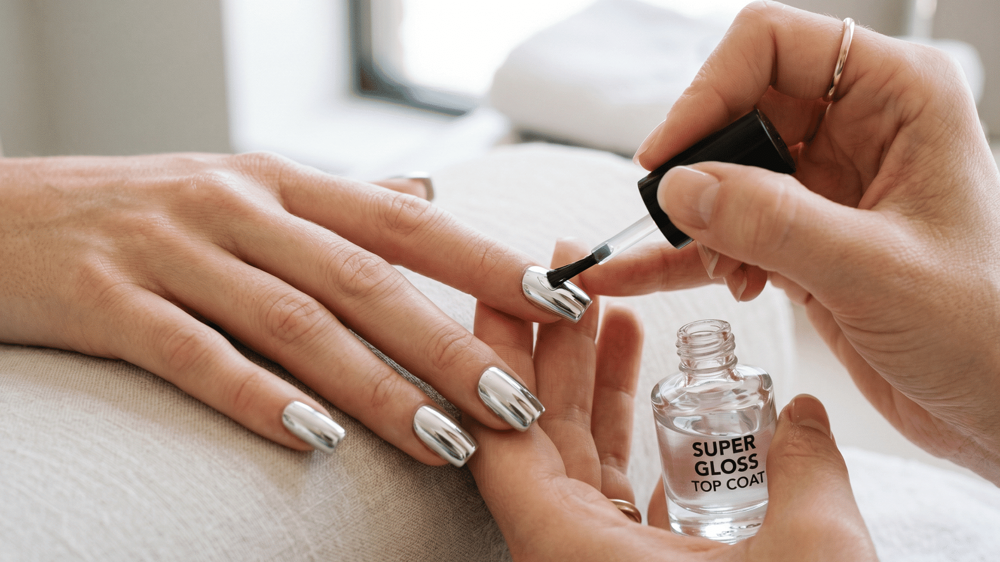 a hand applying a final top coat over shiny chrome nails