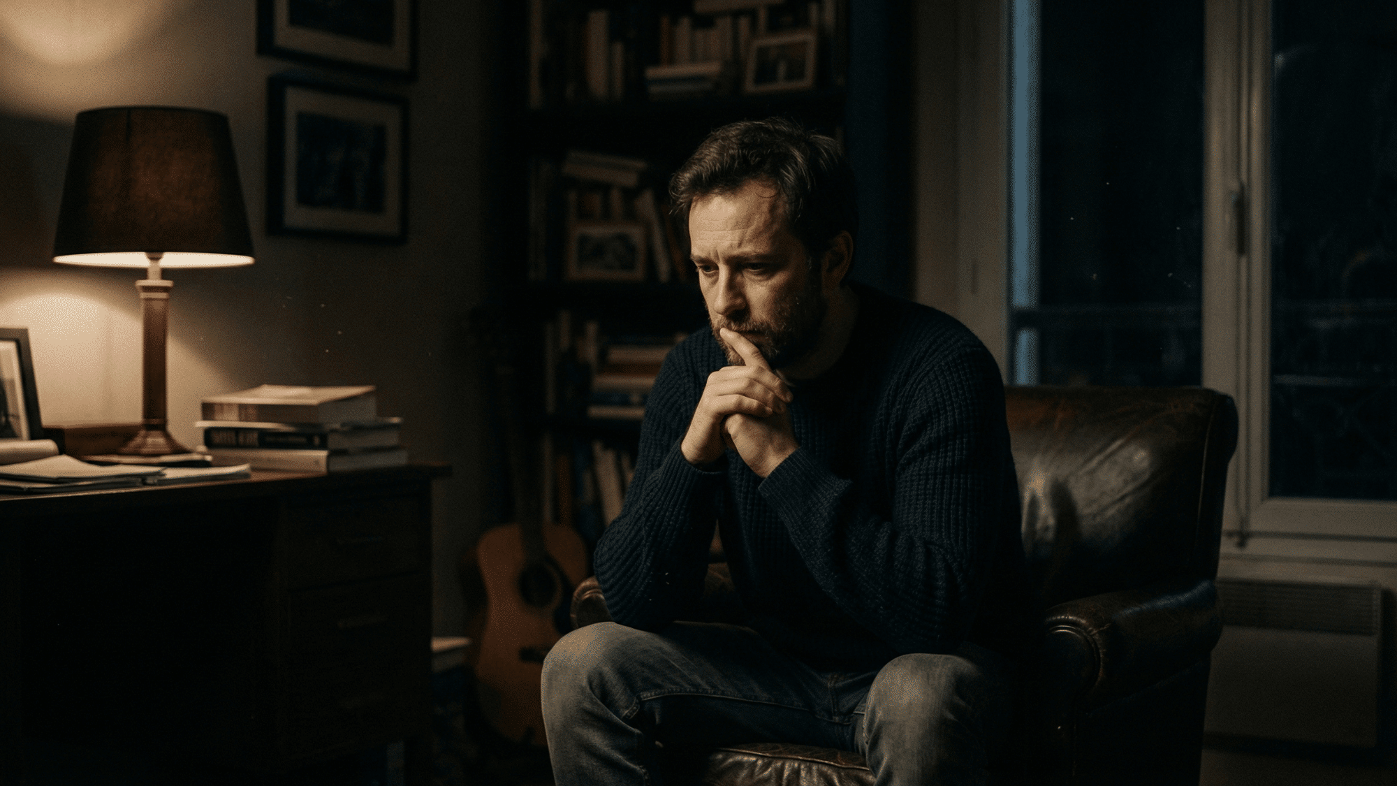 a man sitting alone in a dim room looking thoughtful, symbolizing emotional struggle and introspection