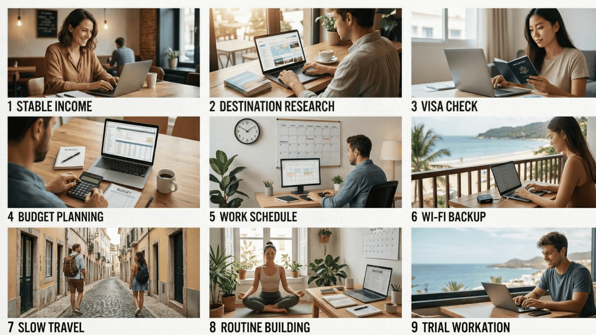 a minimalist digital nomad roadmap collage showing key steps through visuals