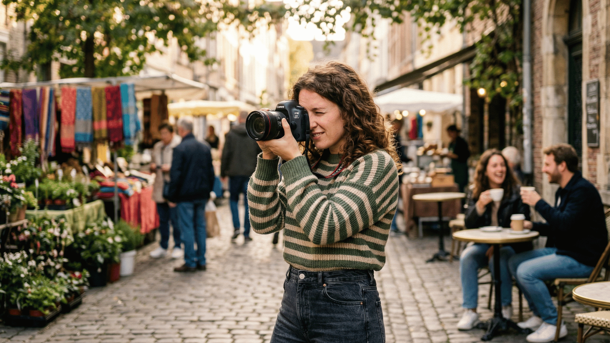 a professional clicking lifestyle photos through her camera on the streets