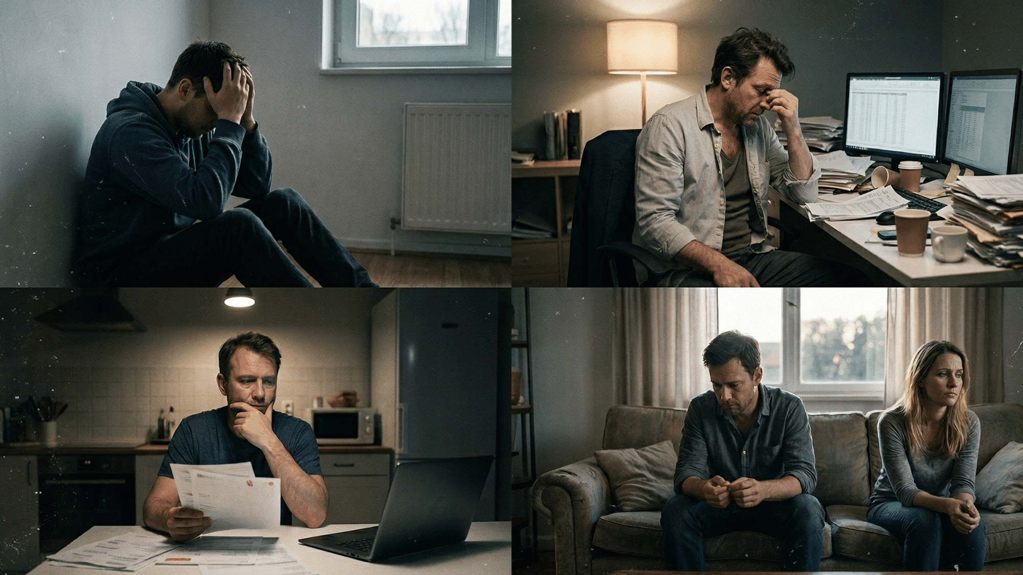 a realistic collage showing multiple scenes of men facing mental health challenges