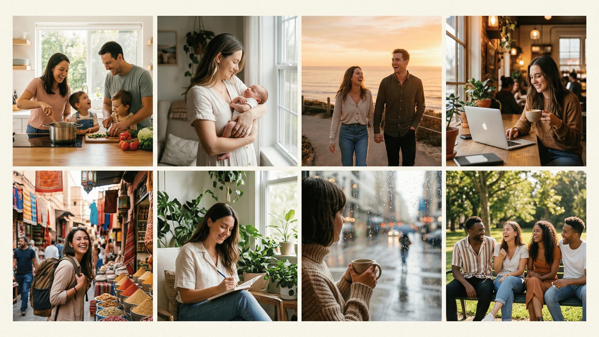 a visually balanced collage of different lifestyle photography scenes arranged in a grid layout