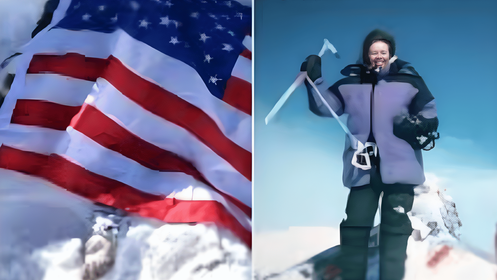 american flag on Mount Everest alongside sleeping beauty standing on a snowy summit with mountaineering gear