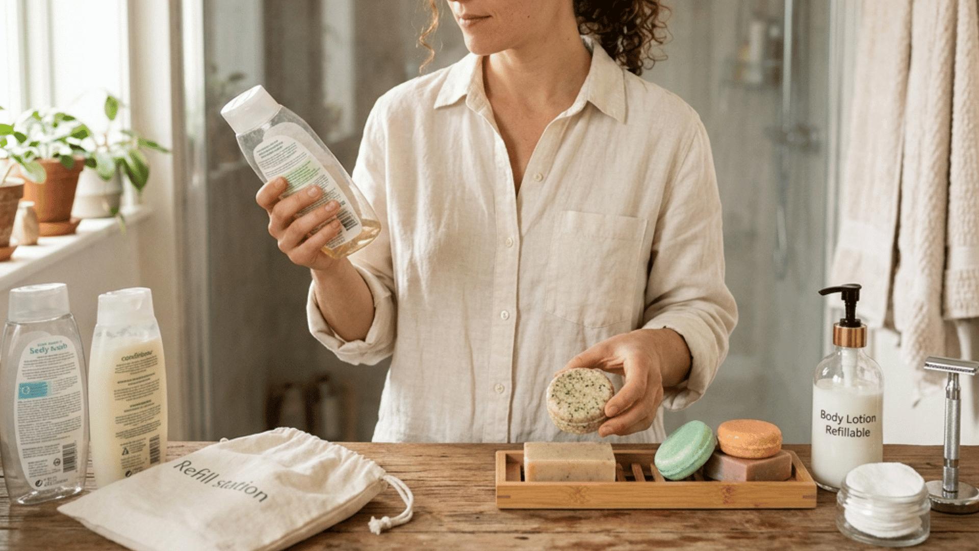 bathroom setup with refillable bottles, soap bars, and low waste products.