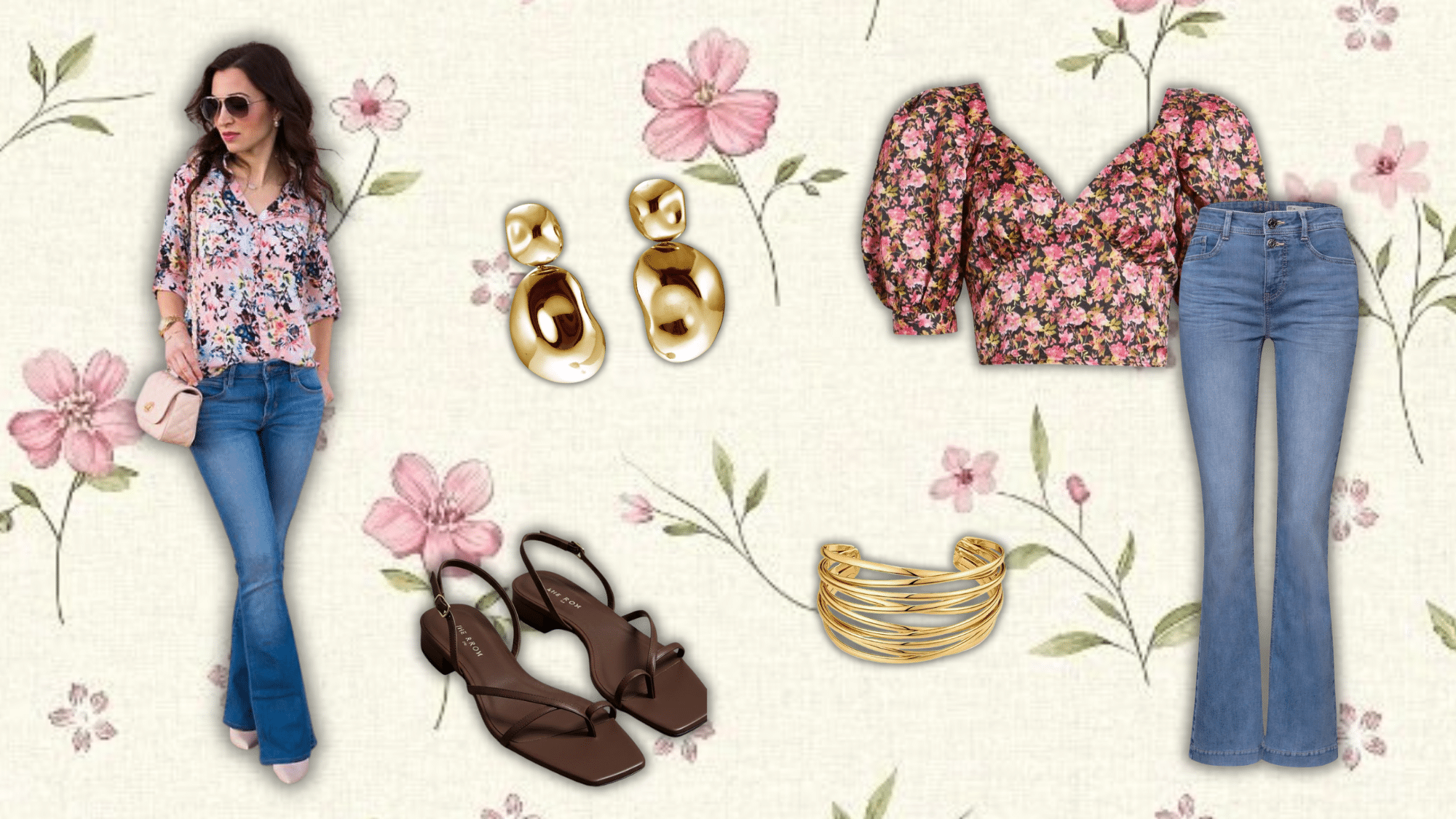 bootcut jeans paired with floral blouse for a fresh spring outfit