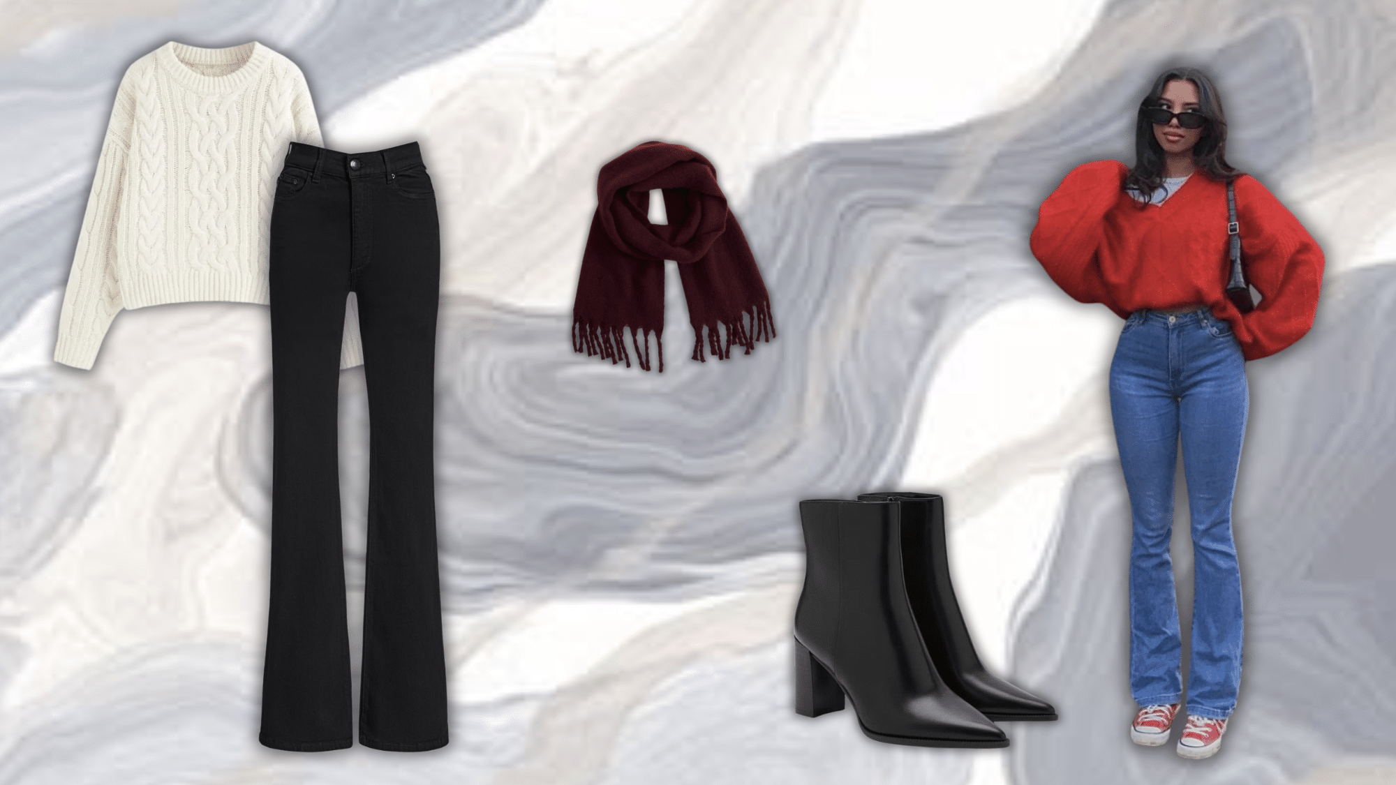 bootcut jeans styled with chunky sweater and boots for a winter outfit