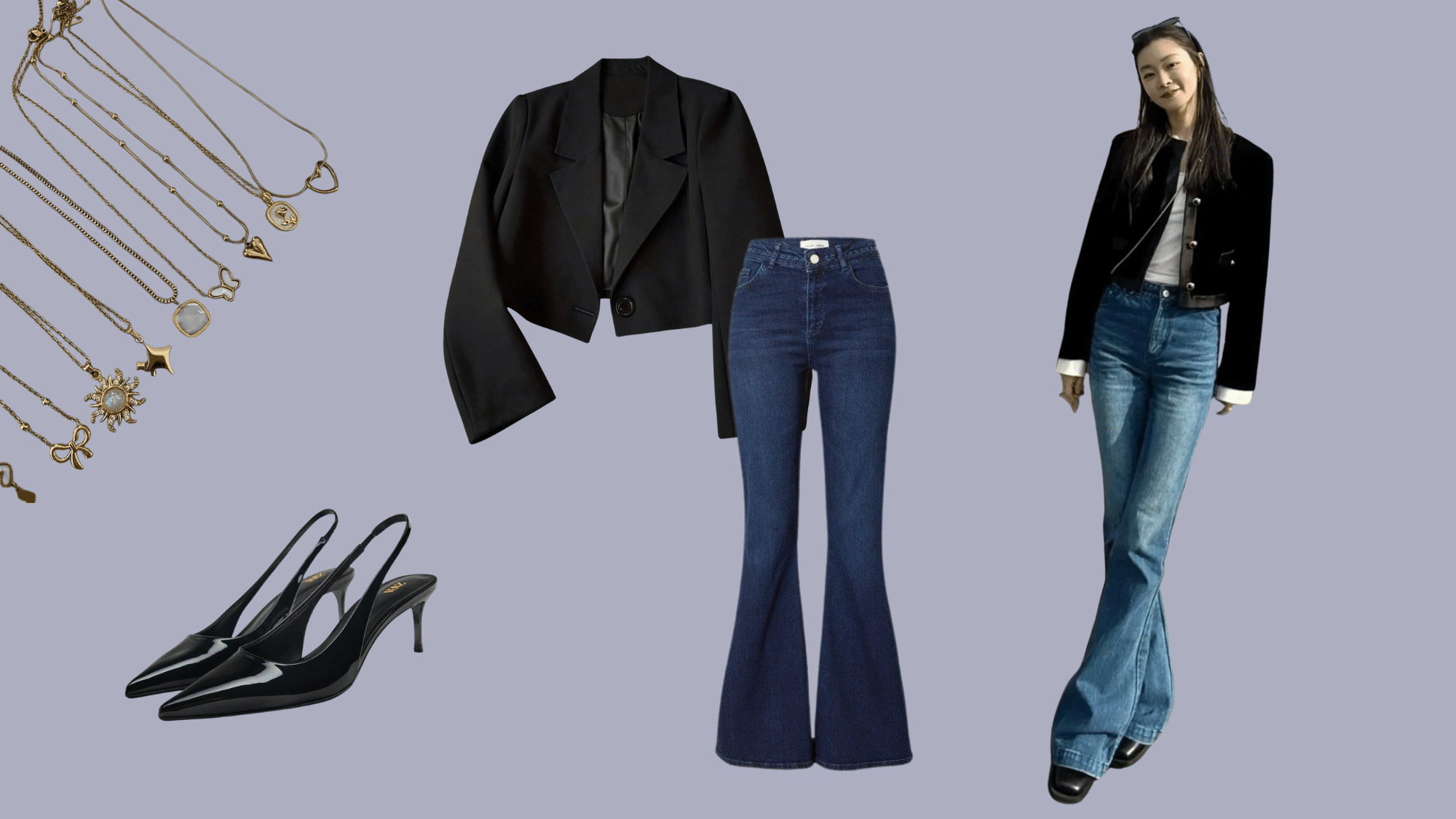bootcut jeans styled with cropped blazer and heels for a polished casual outfit