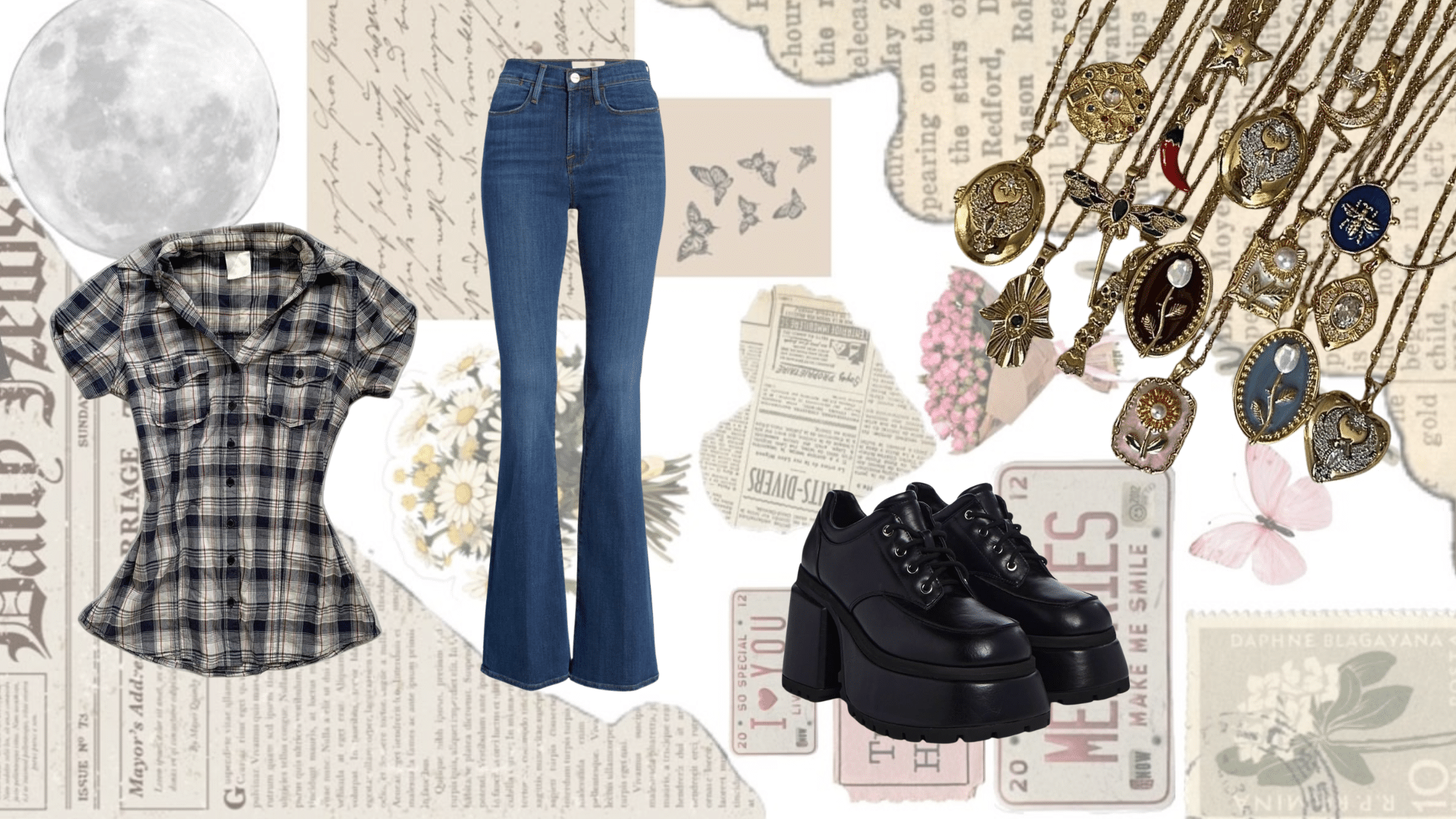 bootcut jeans styled with flannel shirt and boots in an indie outfit