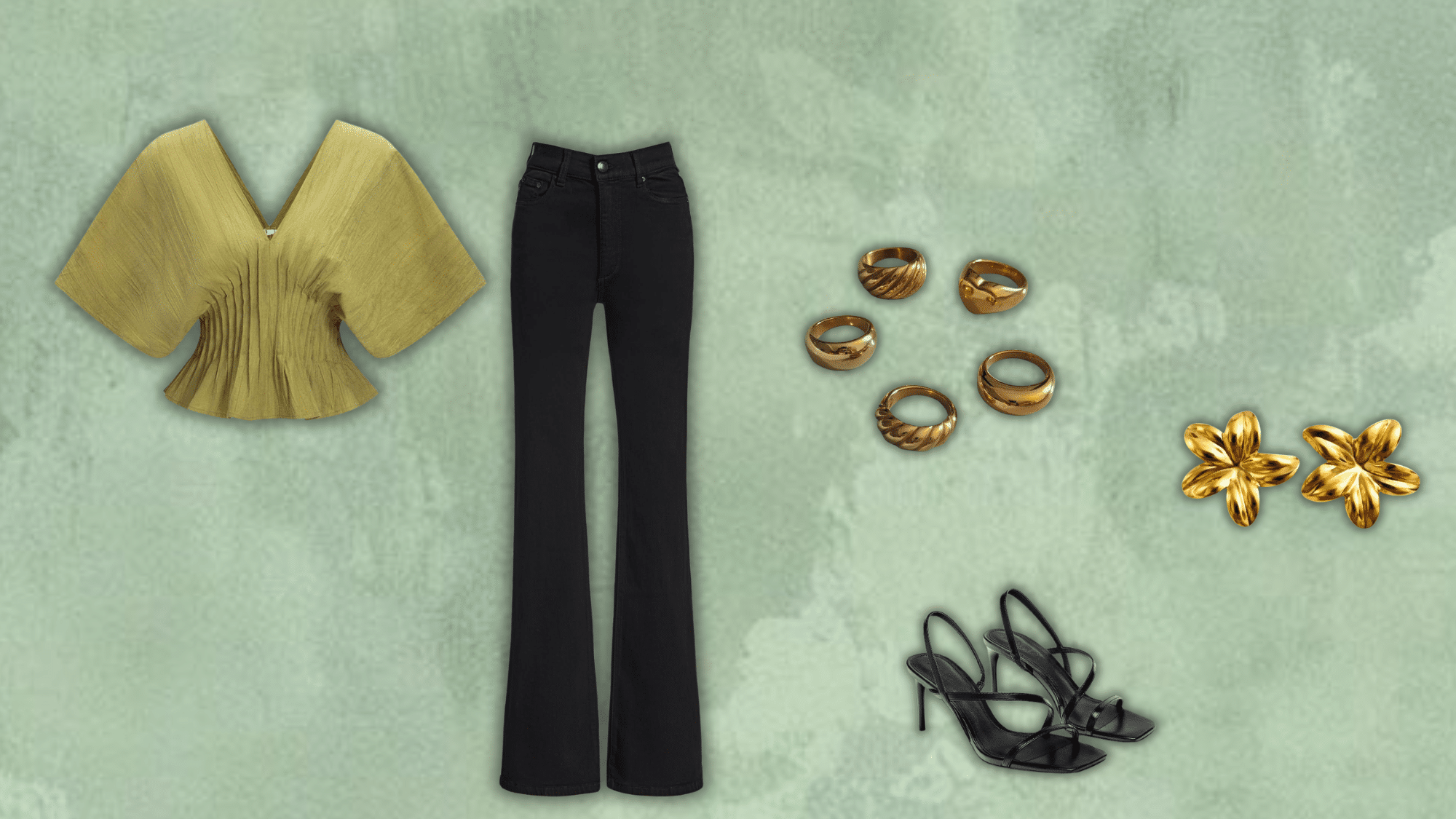 bootcut jeans styled with linen top and sandals in a summer outfit