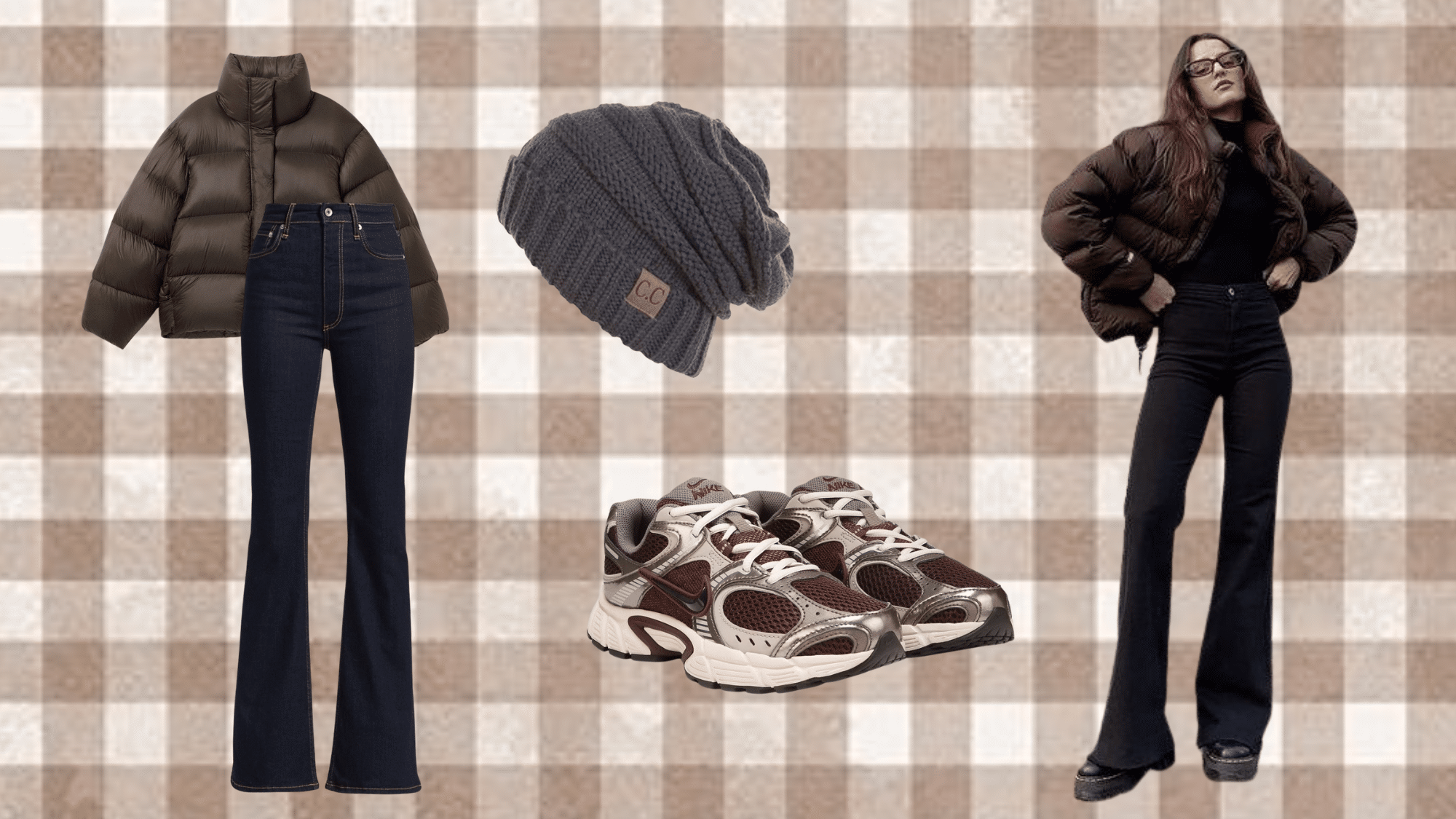 bootcut jeans styled with oversized puffer in a streetwear outfit