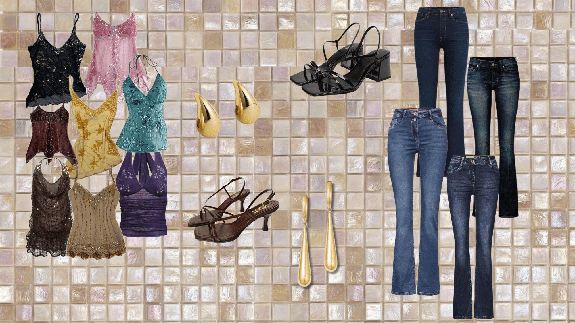 bootcut jeans styled with sequin top and heels for a night out outfit