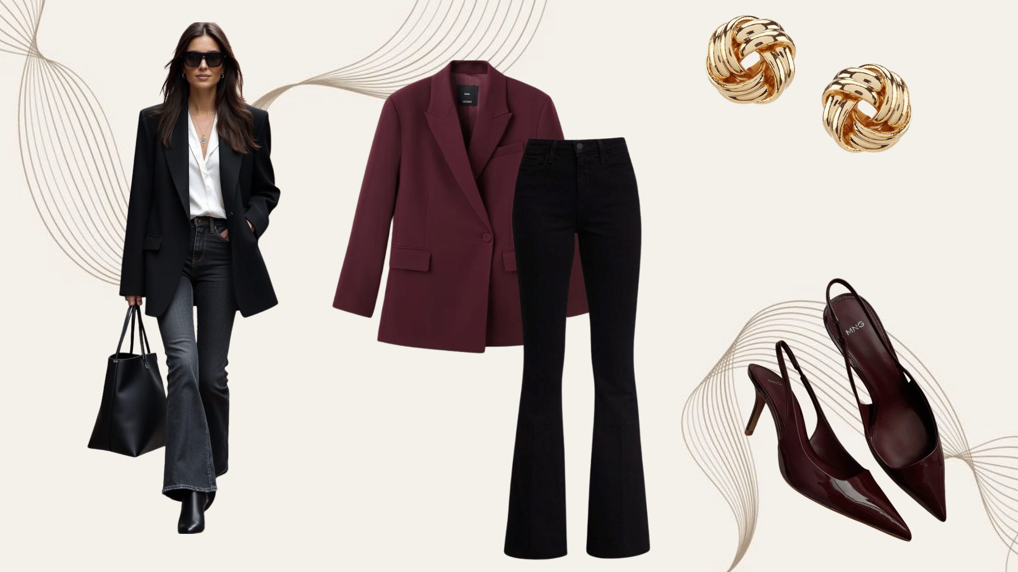 bootcut jeans styled with tailored blazer and heels for a smart office outfit