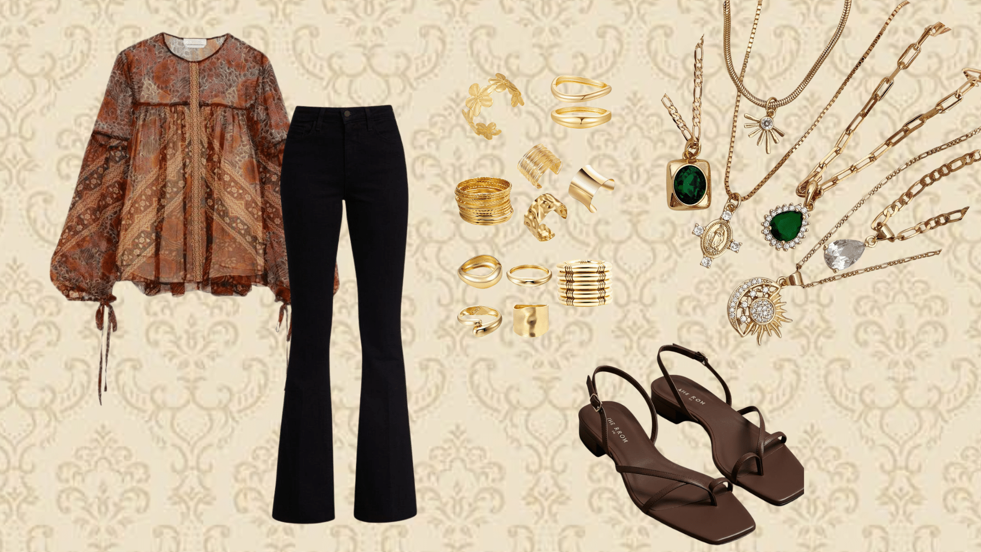 bootcut jeans with top and layered accessories in a boho style outfit (1)