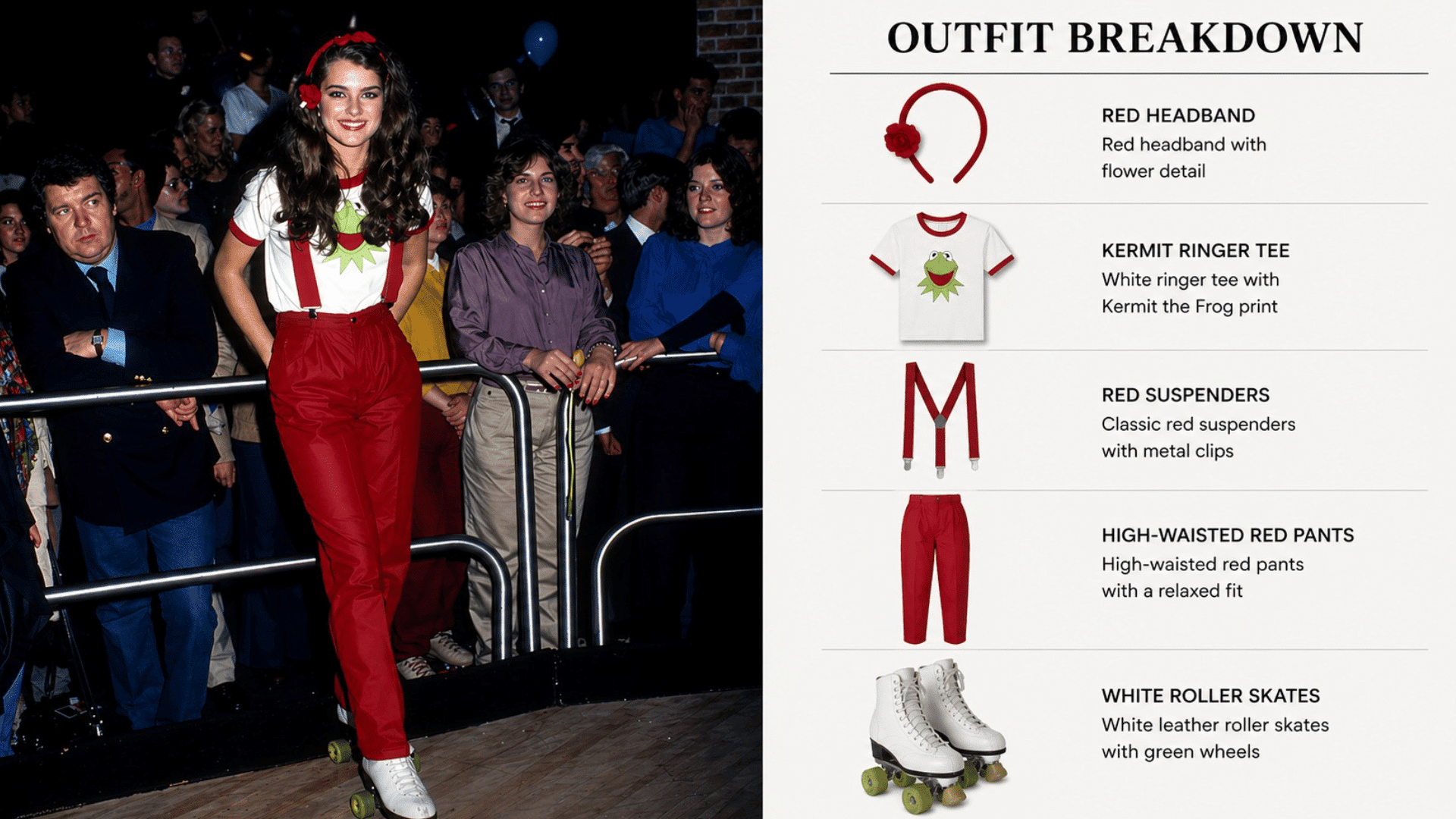 brooke shields in red jumpsuit with statement heels showcasing a stylish and bold modern 80s inspired outfit look