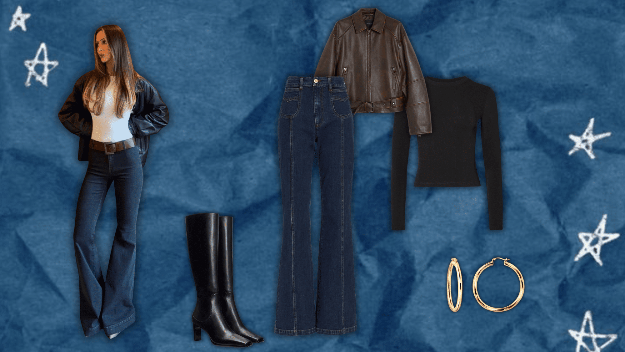 casual chic outfit featuring flared jeans, black top, leather jacket, knee-high boots, and gold hoop earrings on a blue star background