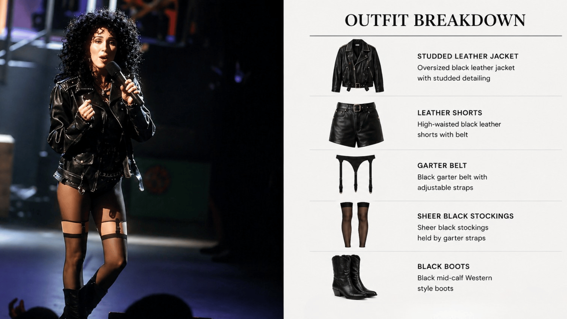 cher in black studded leather jacket and shorts with black boots and accessories showing a bold 80s inspired evening look (1)