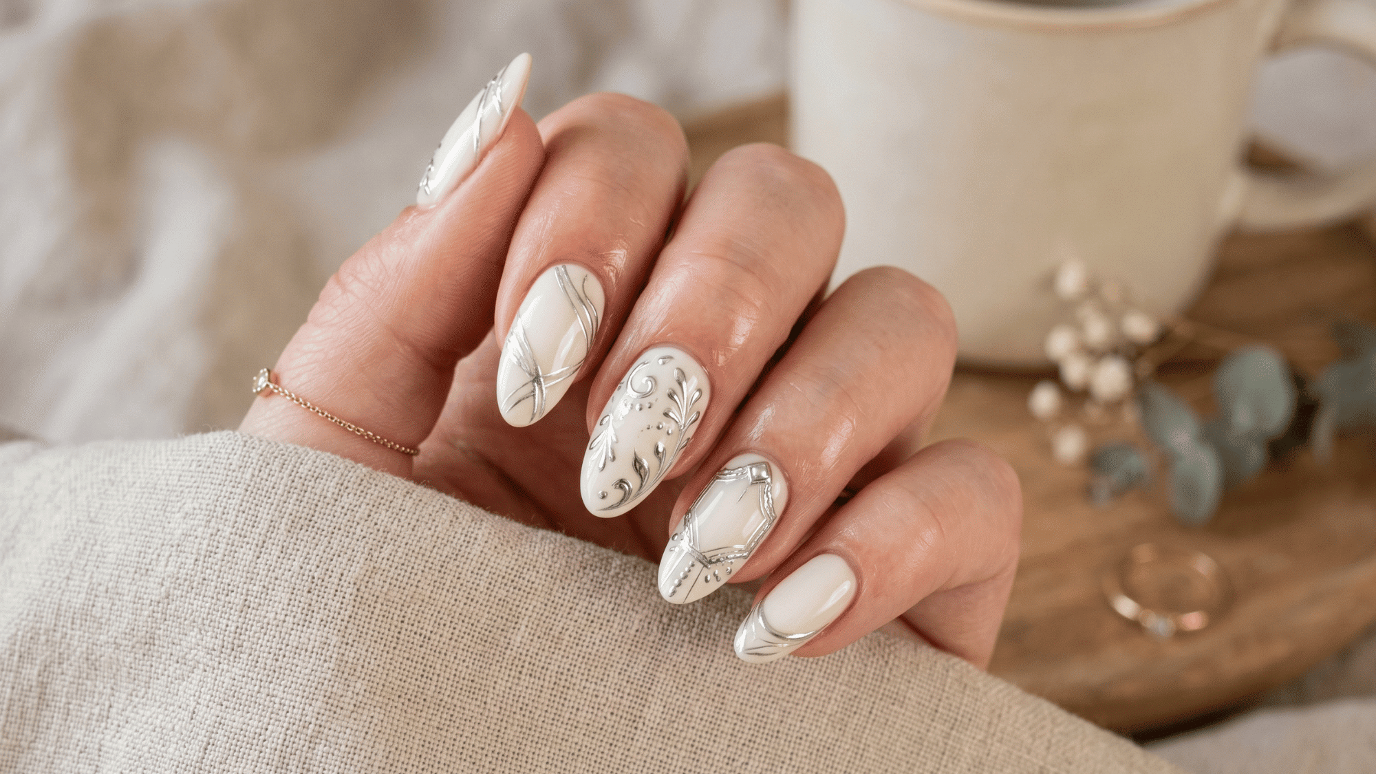 chrome creamy Off-White Nails