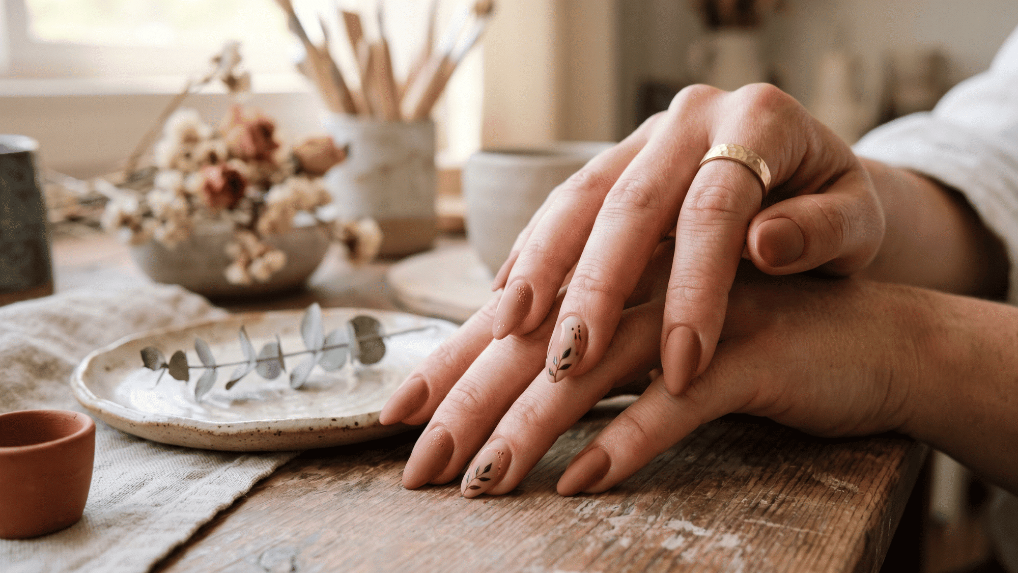 clay nude nails with matte earthy tone and natural look