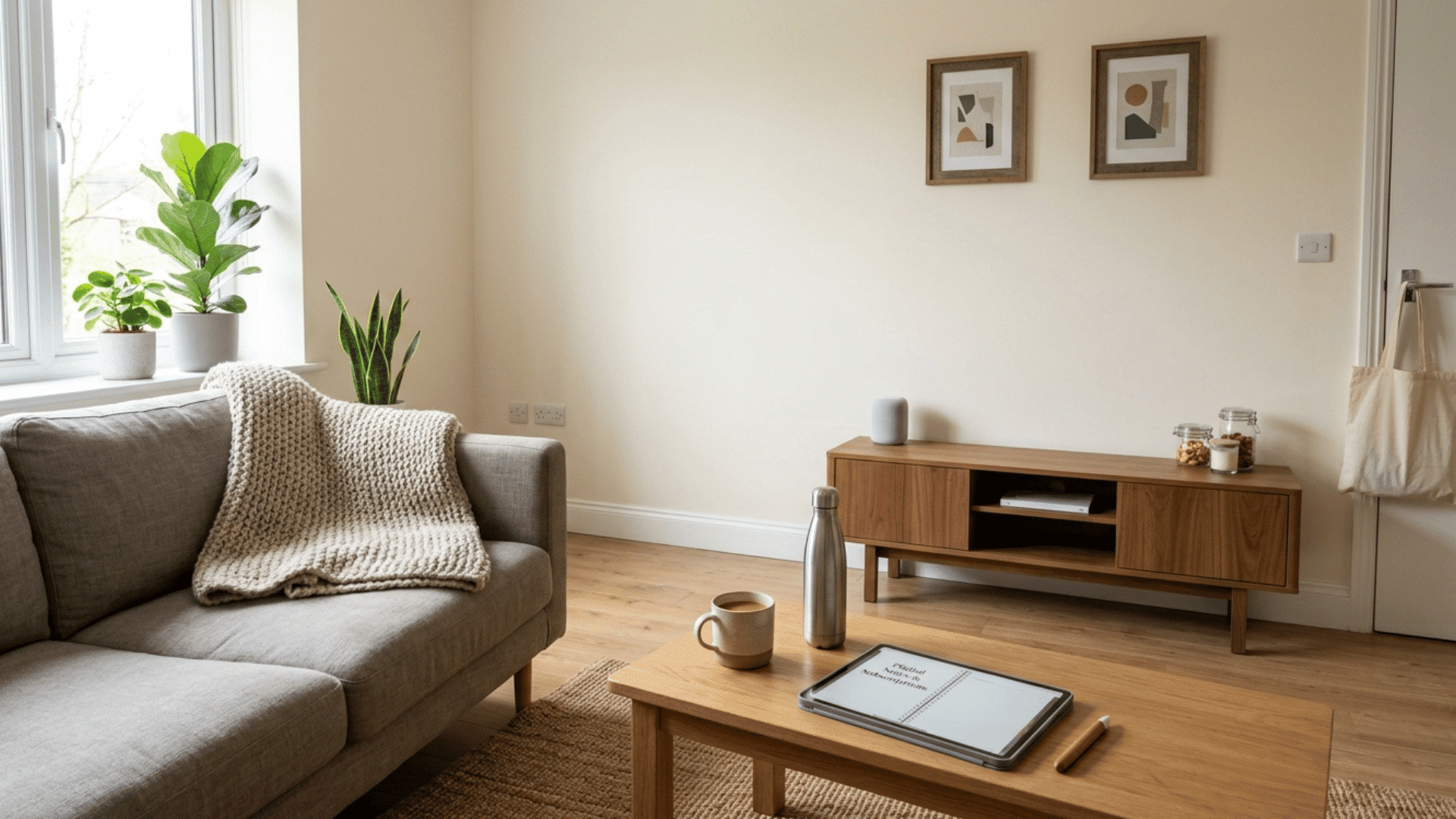 clean living room with reusable items, plants, and minimal clutter for zero waste living.