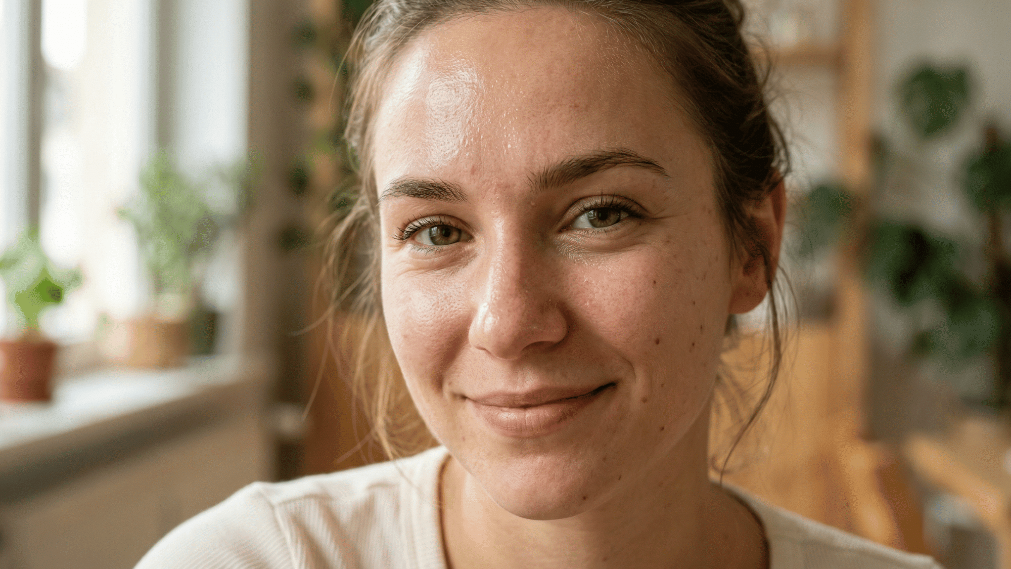 close-up of a young woman with slightly shiny skin on forehead and nose