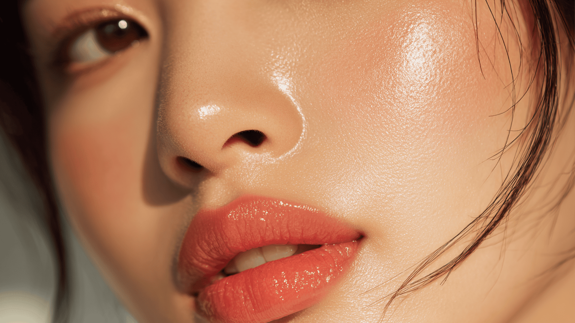 close up of lips and skin with glossy finish radiant complexion beauty skincare concept