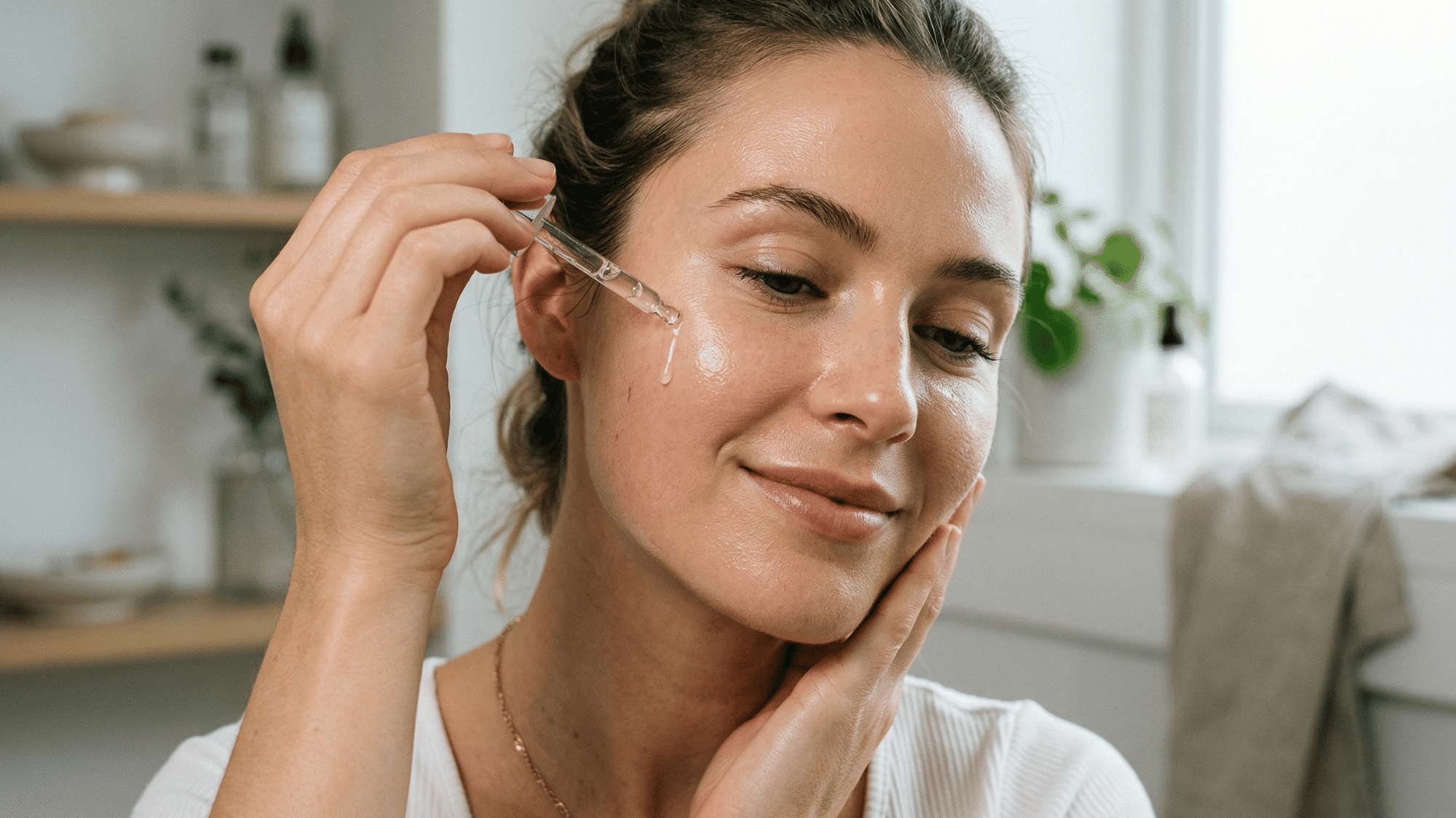 close-up of woman applying serum with dropper on chee