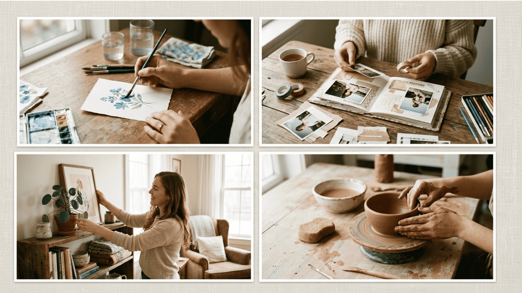 collage of creative hobbies including watercolor painting, scrapbooking, decorating, and pottery