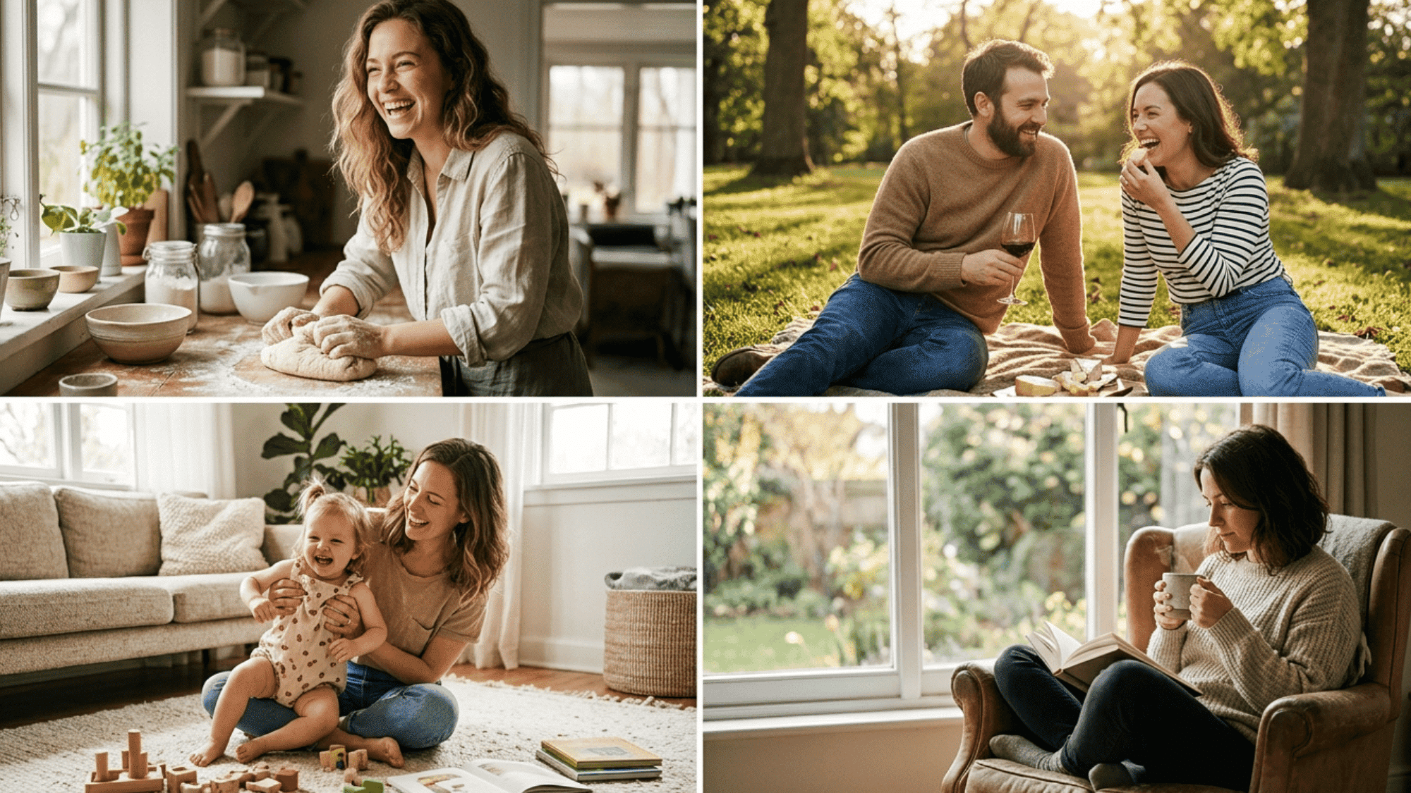 collage of daily life scenes including baking, picnic, parenting, and relaxing with a book