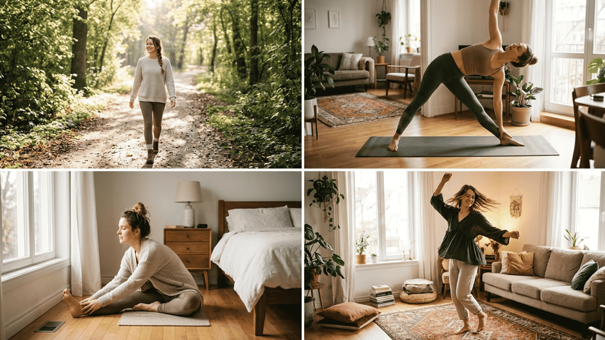 collage of lifestyle moments including walking in nature, yoga, stretching, and dancing at home