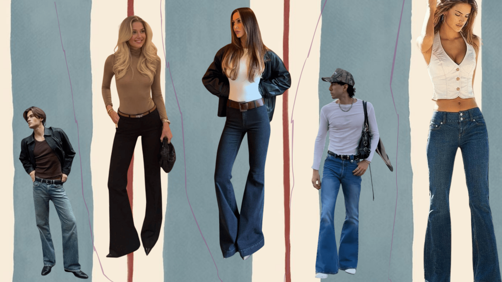 collage of men and women wearing flared and wide-leg jeans, showcasing retro-inspired fashion styles with fitted tops and jackets