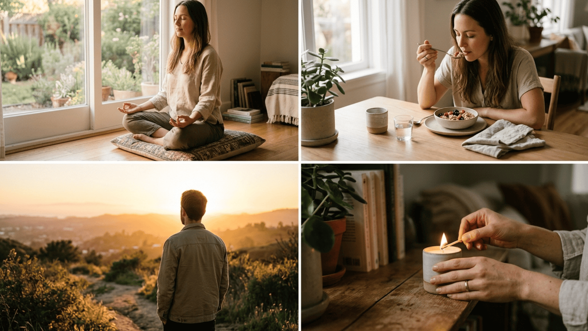 collage of mindful living including meditation, healthy eating, nature view, and lighting a candle