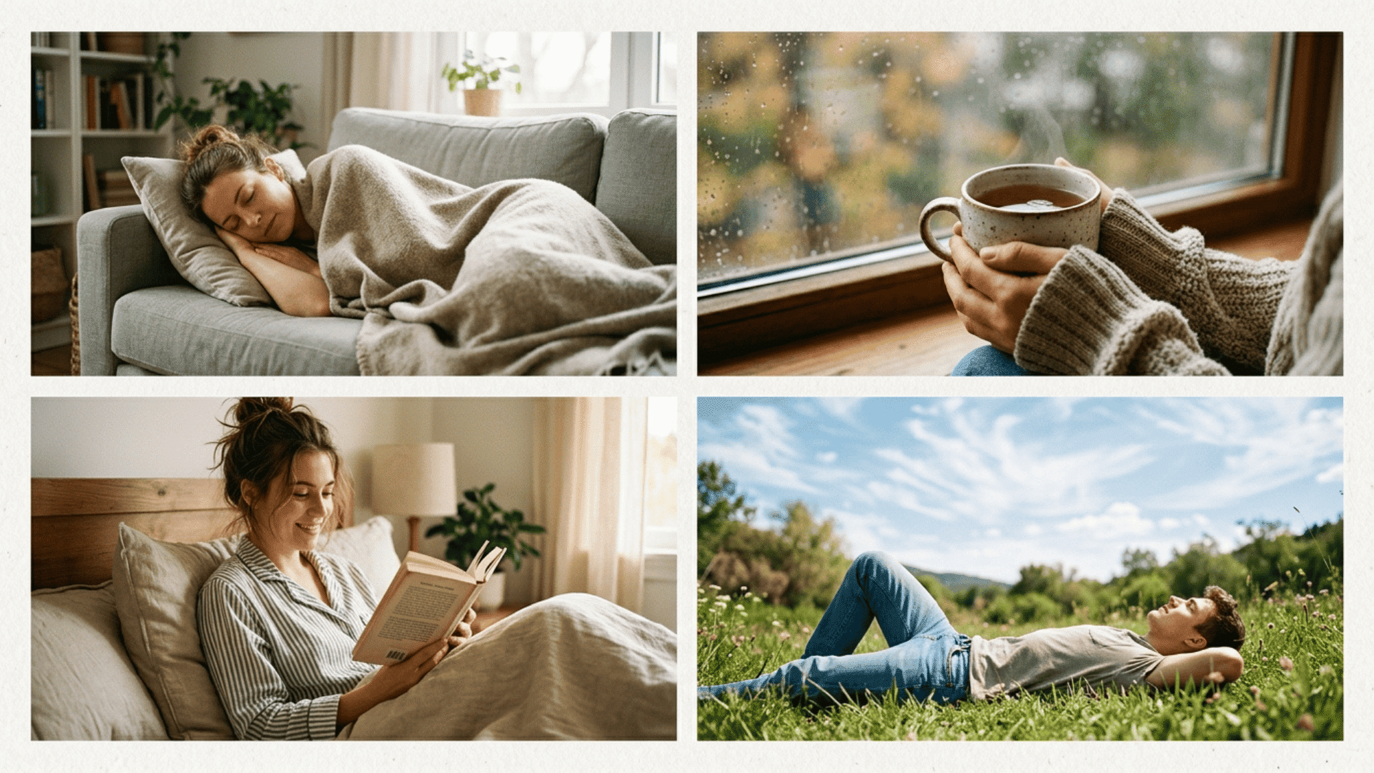 collage of relaxation scenes including napping, tea by window, reading in bed, and resting outdoors