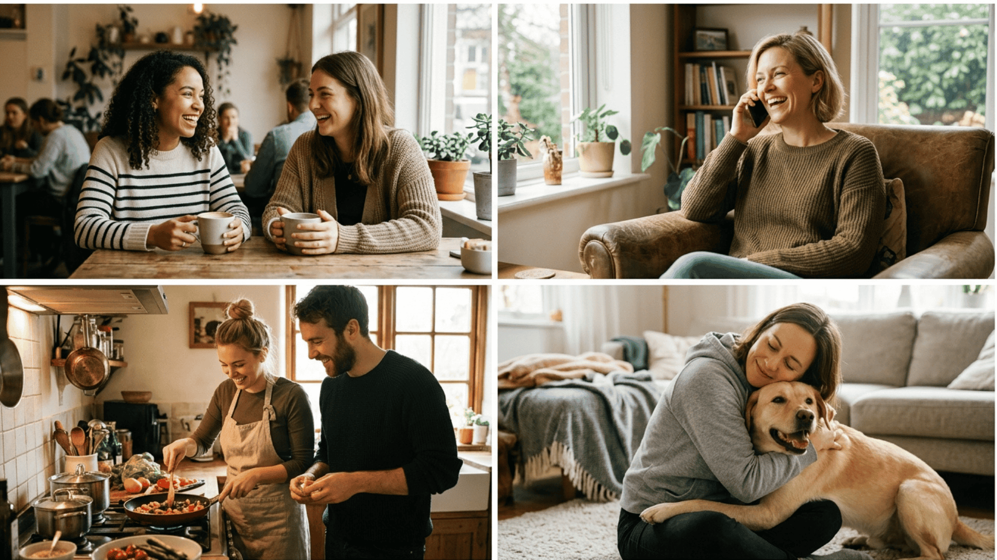 collage of social and home life moments including friends chatting, calling, cooking, and pet bonding