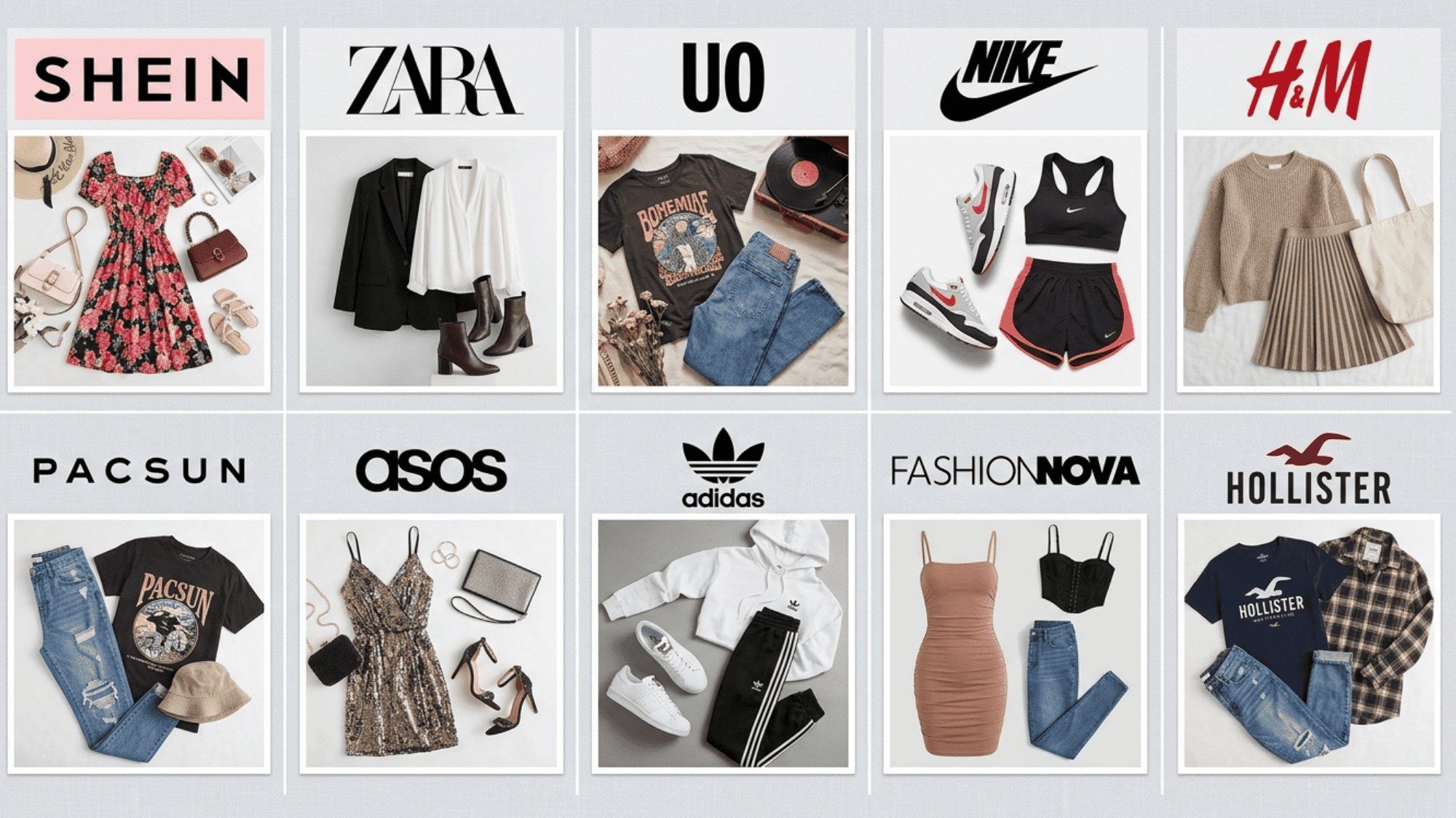 collage of trendy fashion outfits from popular brands showcasing casual and stylish clothing combinations