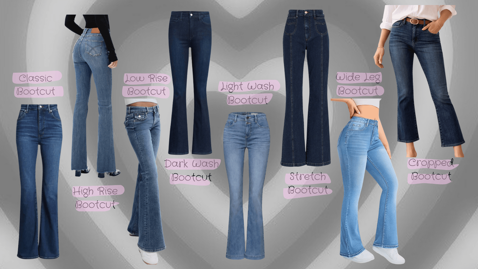 collage of women’s bootcut jeans styles including classic, high rise, low rise, dark wash, light wash, stretch, wide leg, and cropped fits on a neutral background