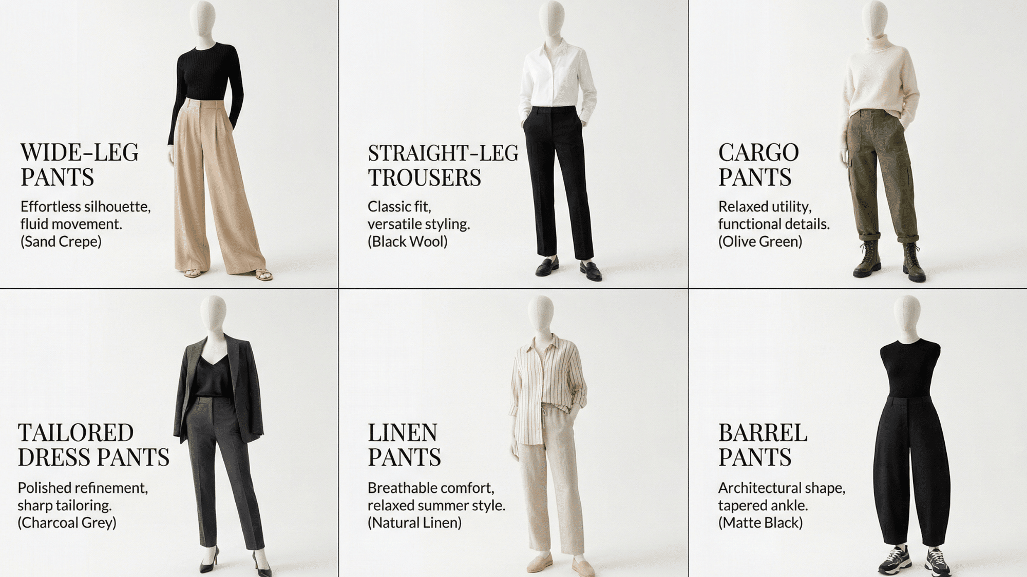 collage showing different types of pants arranged in a clean six grid layout