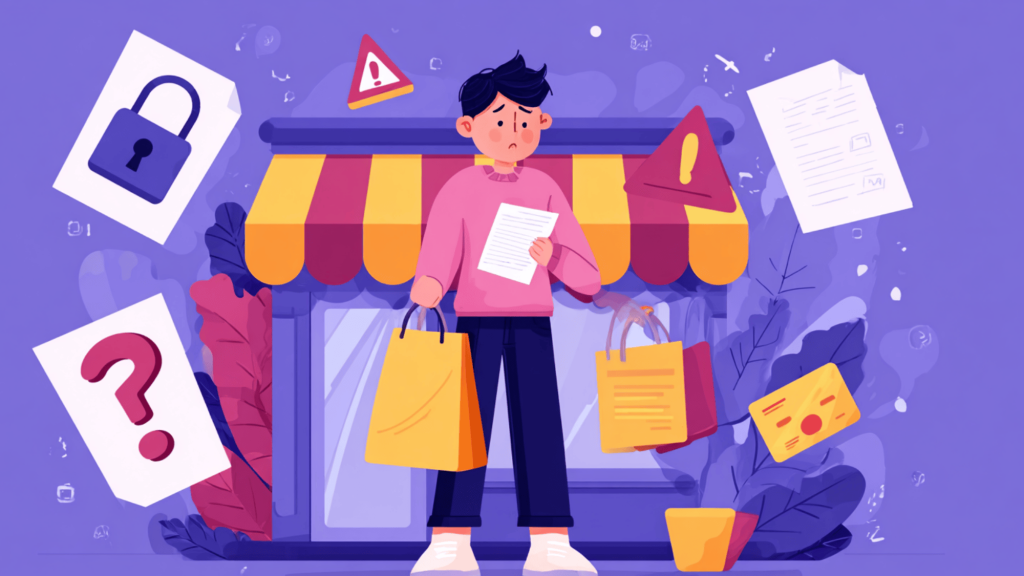 confused shopper holding bags and receipt outside store with warning icons about online shopping issues