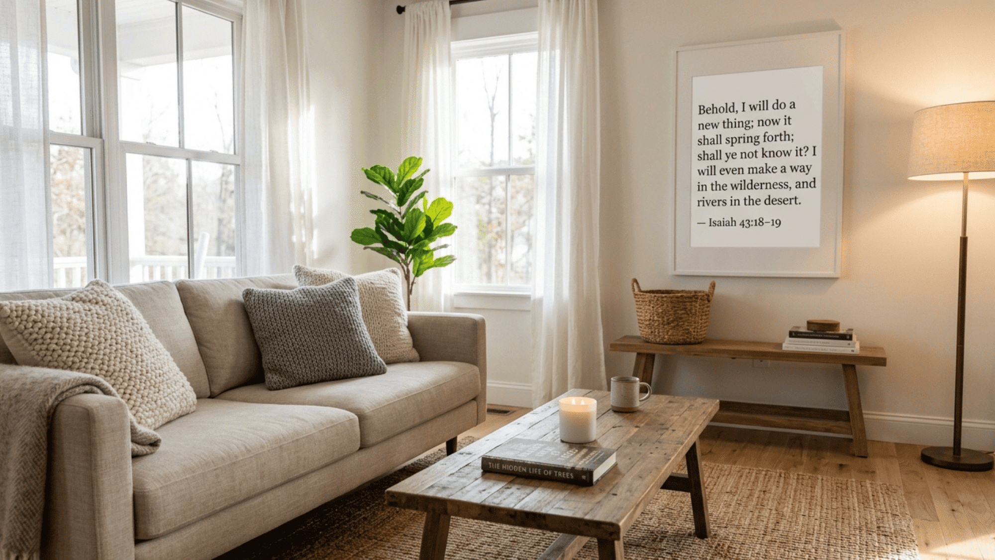 cozy living room with neutral decor and framed bible verse wall art