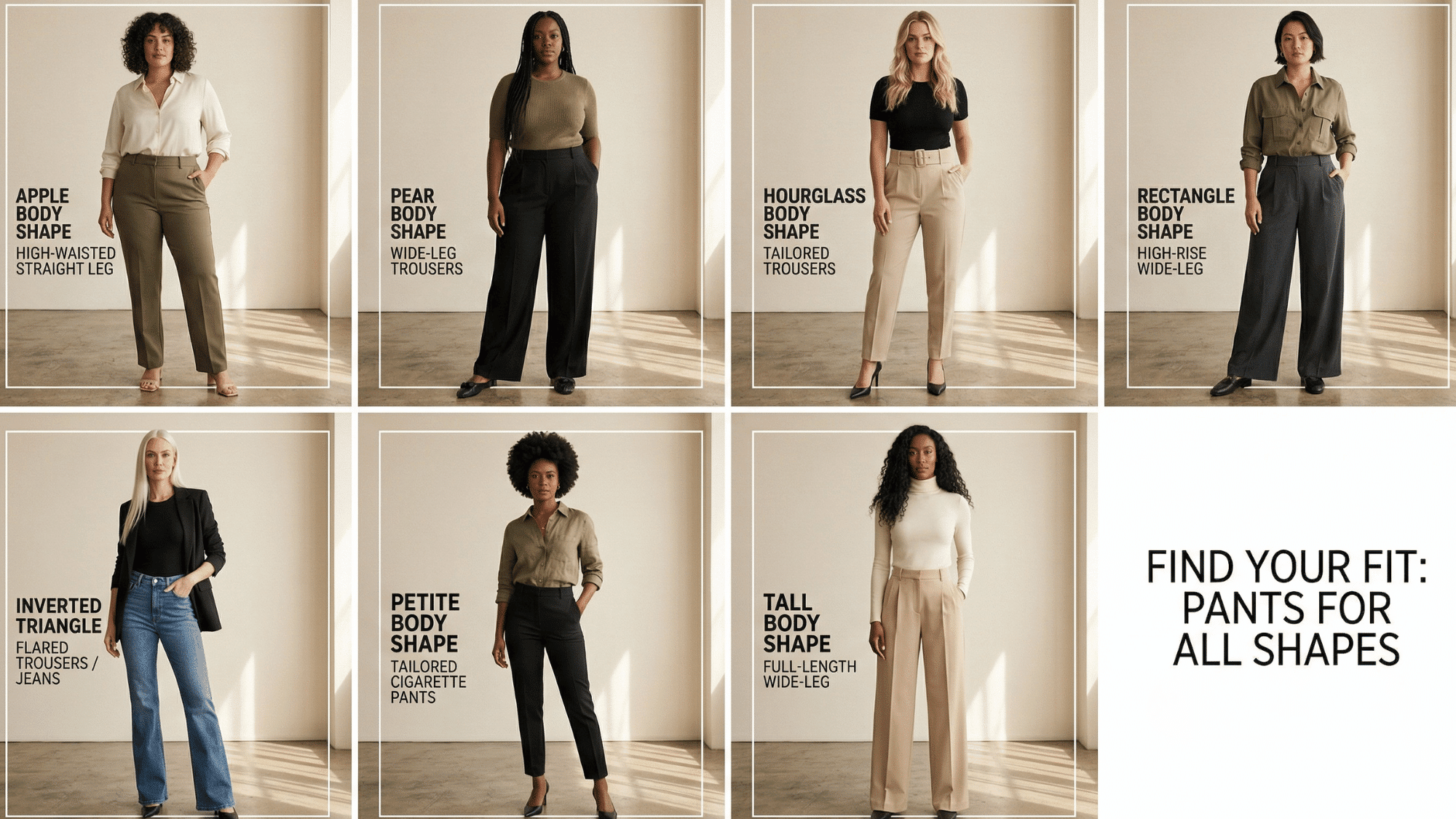 different body shapes wearing flattering pants styles including wide-leg, tailored, and high-waisted trousers