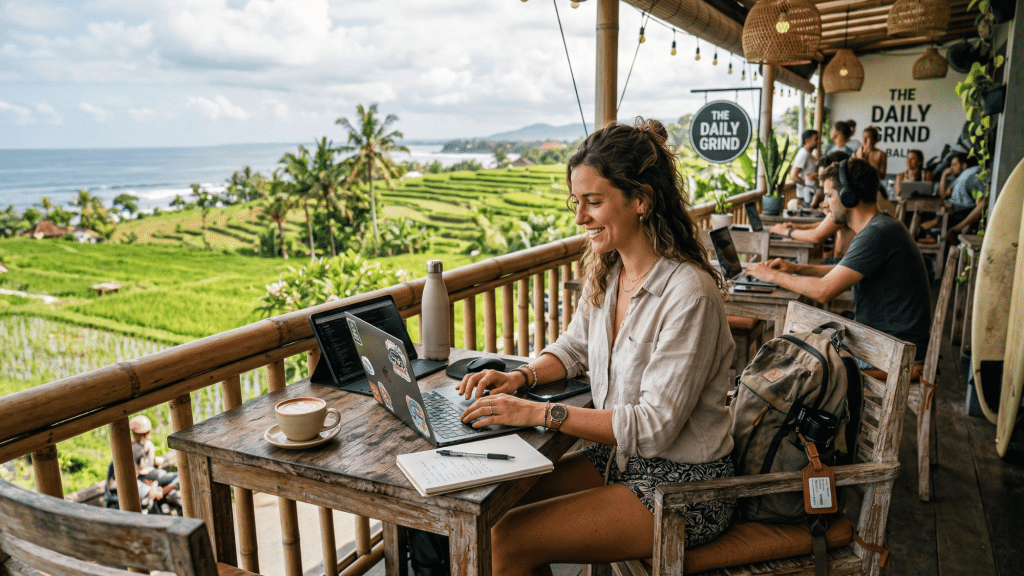 digital nomad working on a laptop at an open-air café overlooking Bali rice terraces, with other remote workers in the background.