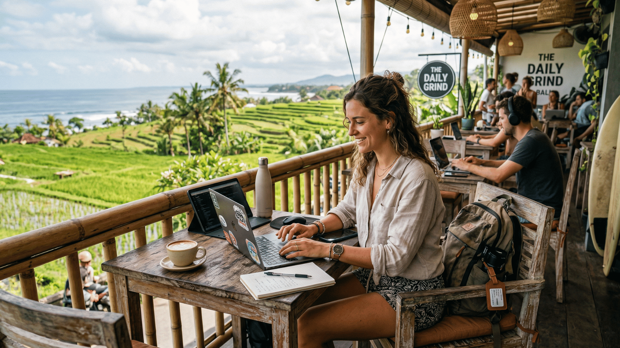 digital nomad working on a laptop at an open-air café overlooking Bali rice terraces, with other remote workers in the background.