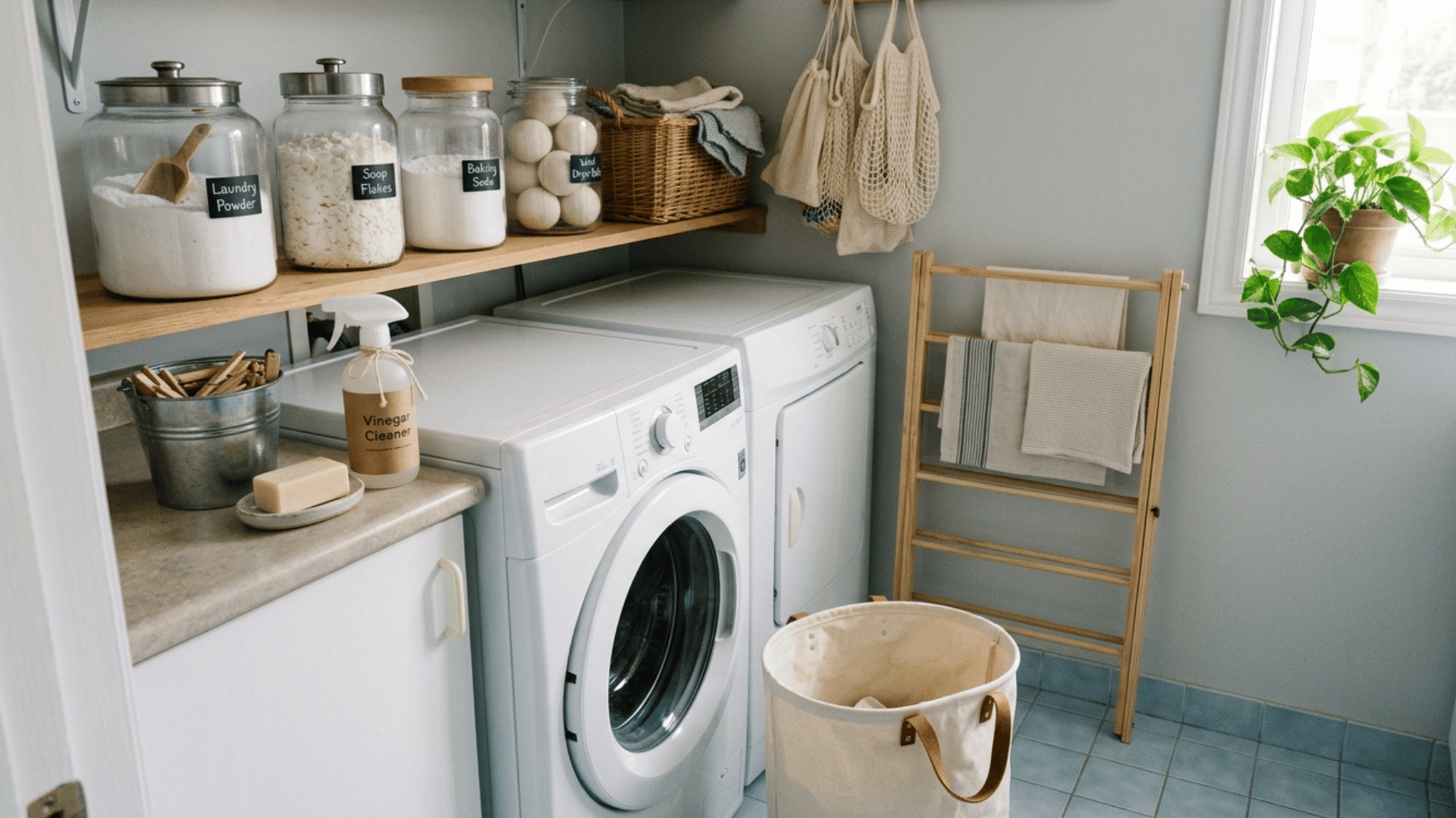 eco-friendly laundry area with refillable jars, natural cleaners, and reusable cloth bags.