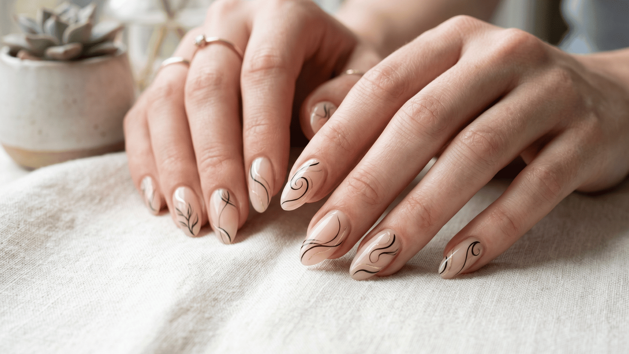fine line swirl nails with subtle artistic minimalist look