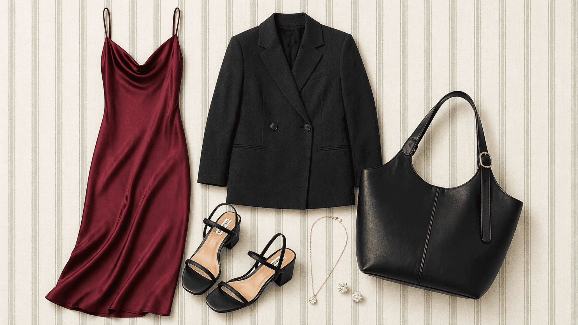 Flat lay with burgundy satin dress, black blazer, tote bag, strappy heels, and gold jewelry on a soft striped background