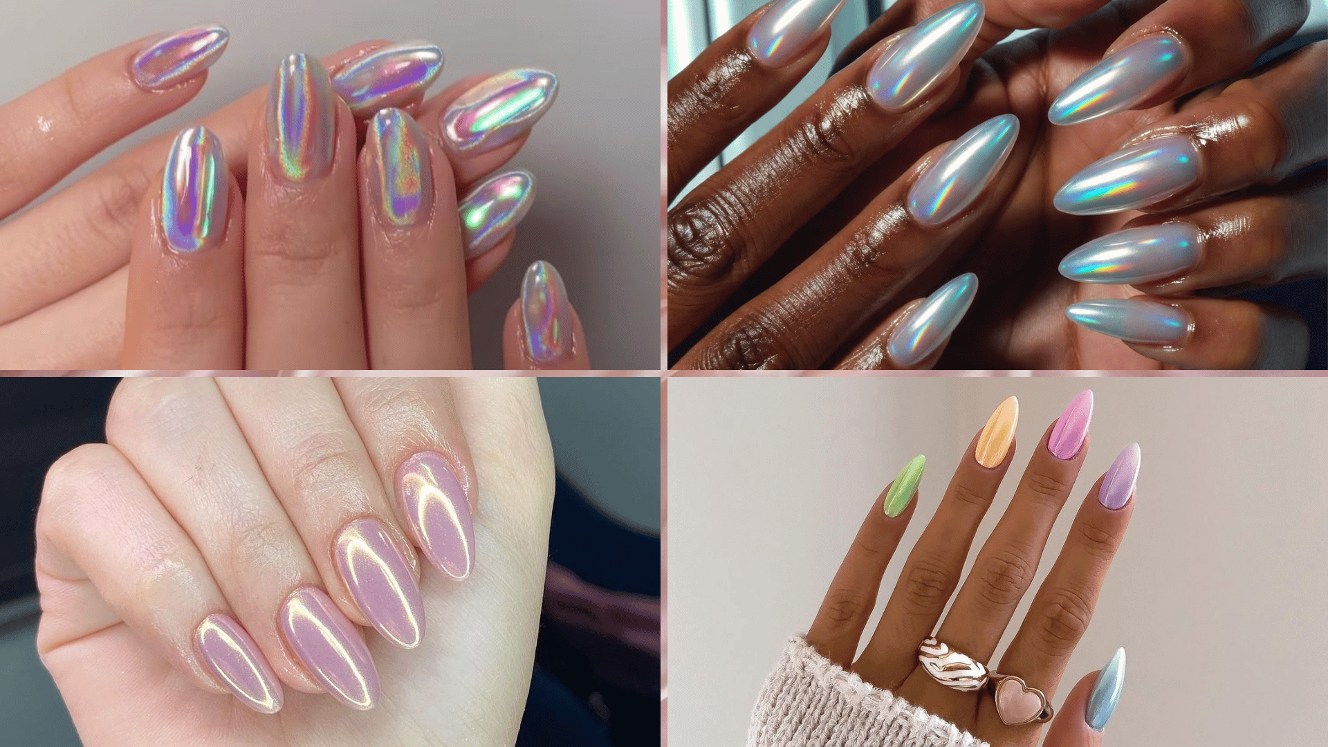 Four-panel collage of chrome nails holographic, mirror silver, iridescent pastel, and colorful chrome manicures in close-up studio shots