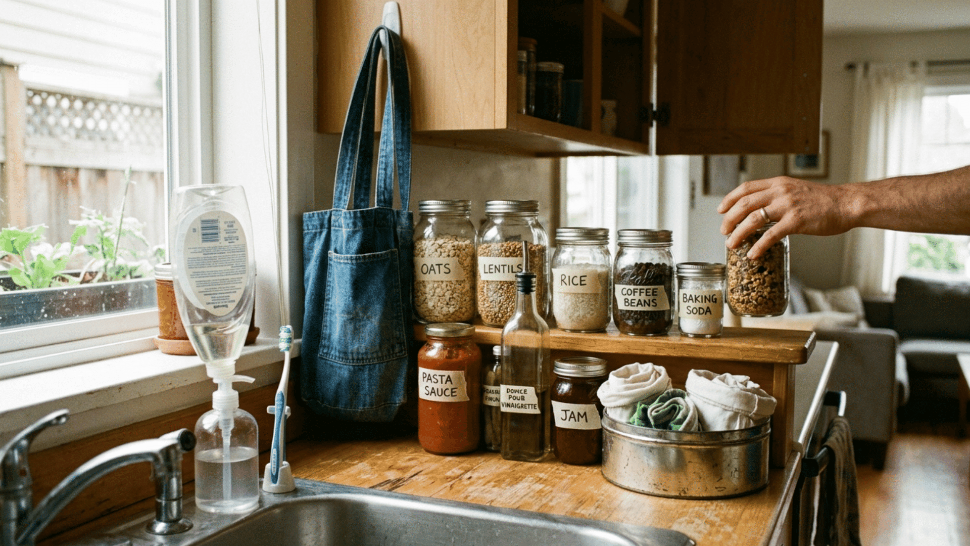 glass jars, reusable bags, and low waste kitchen setup with pantry storage.