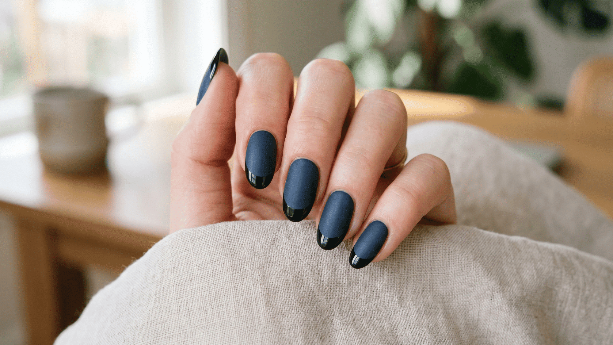 glossy and matte tip nails with contrast minimal design