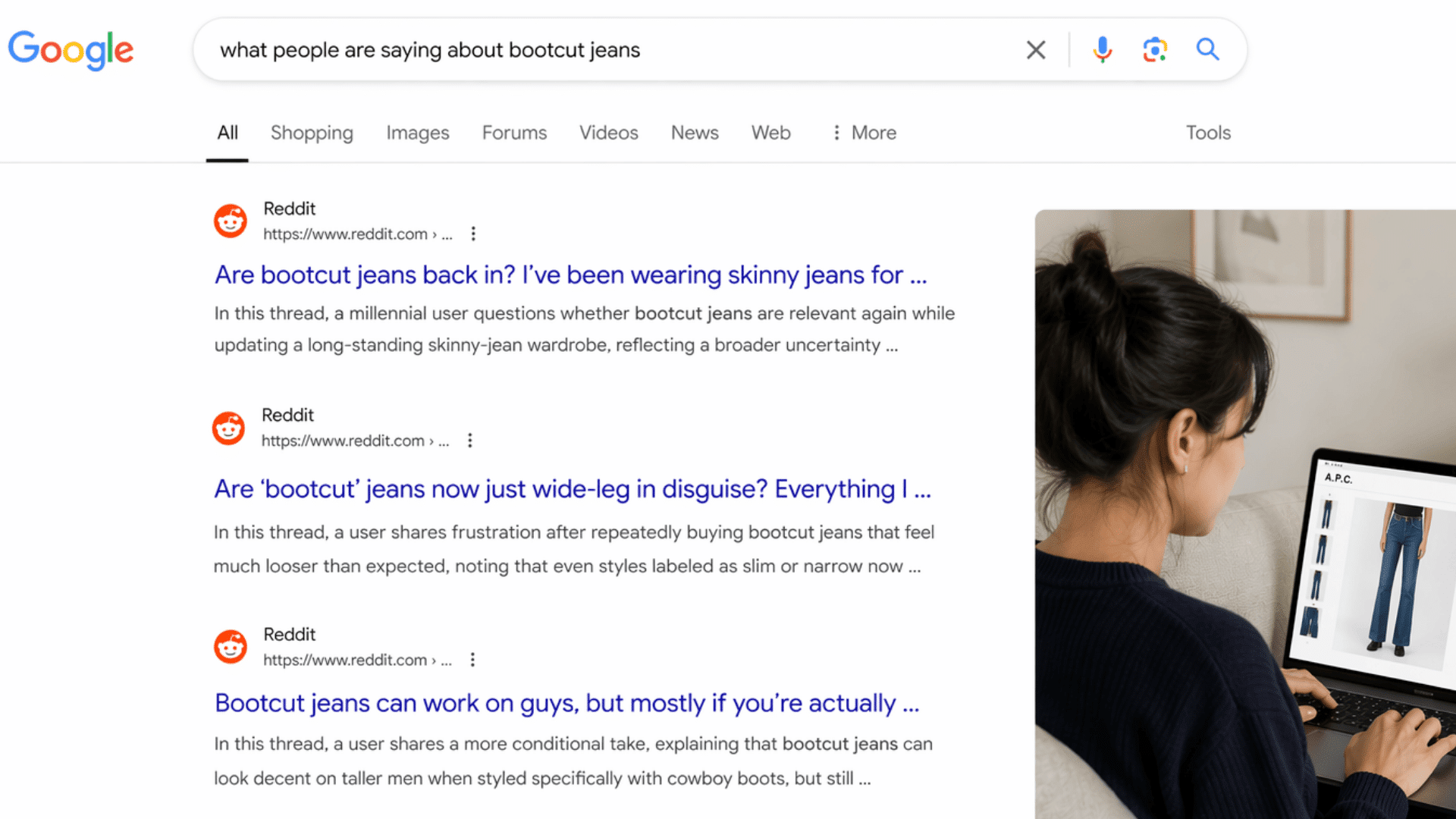 Google search results page showing Reddit discussions about bootcut jeans, with a person browsing denim styles on a laptop to the right