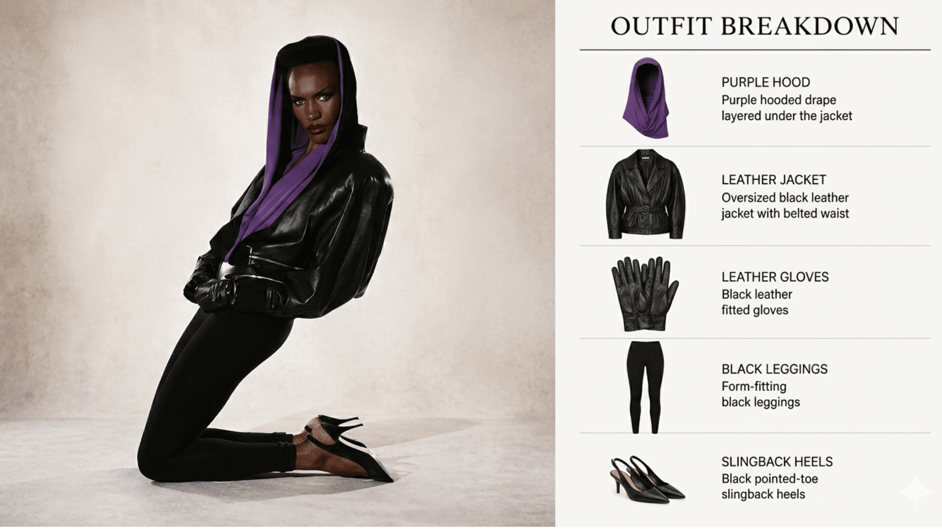 grace jones in oversized leather jacket and sleek outfit posing in studio with modern take on aesthetic 80s fashion