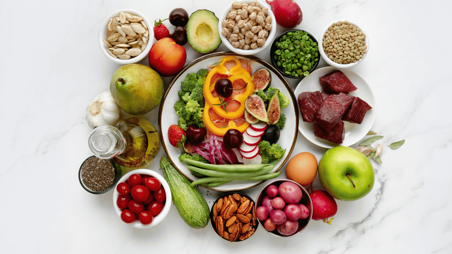healthy balanced diet with fruits vegetables nuts and protein foods.